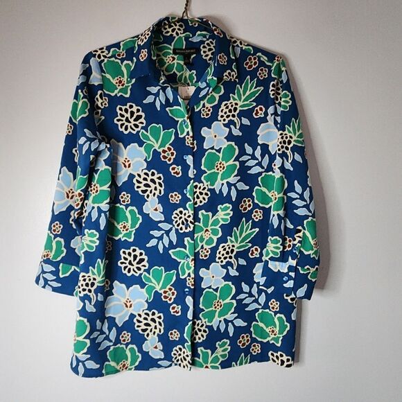 Banana Republic Blouse Top Small Blue Green Floral Split Back Blouse Women NWT - Picture 1 of 10